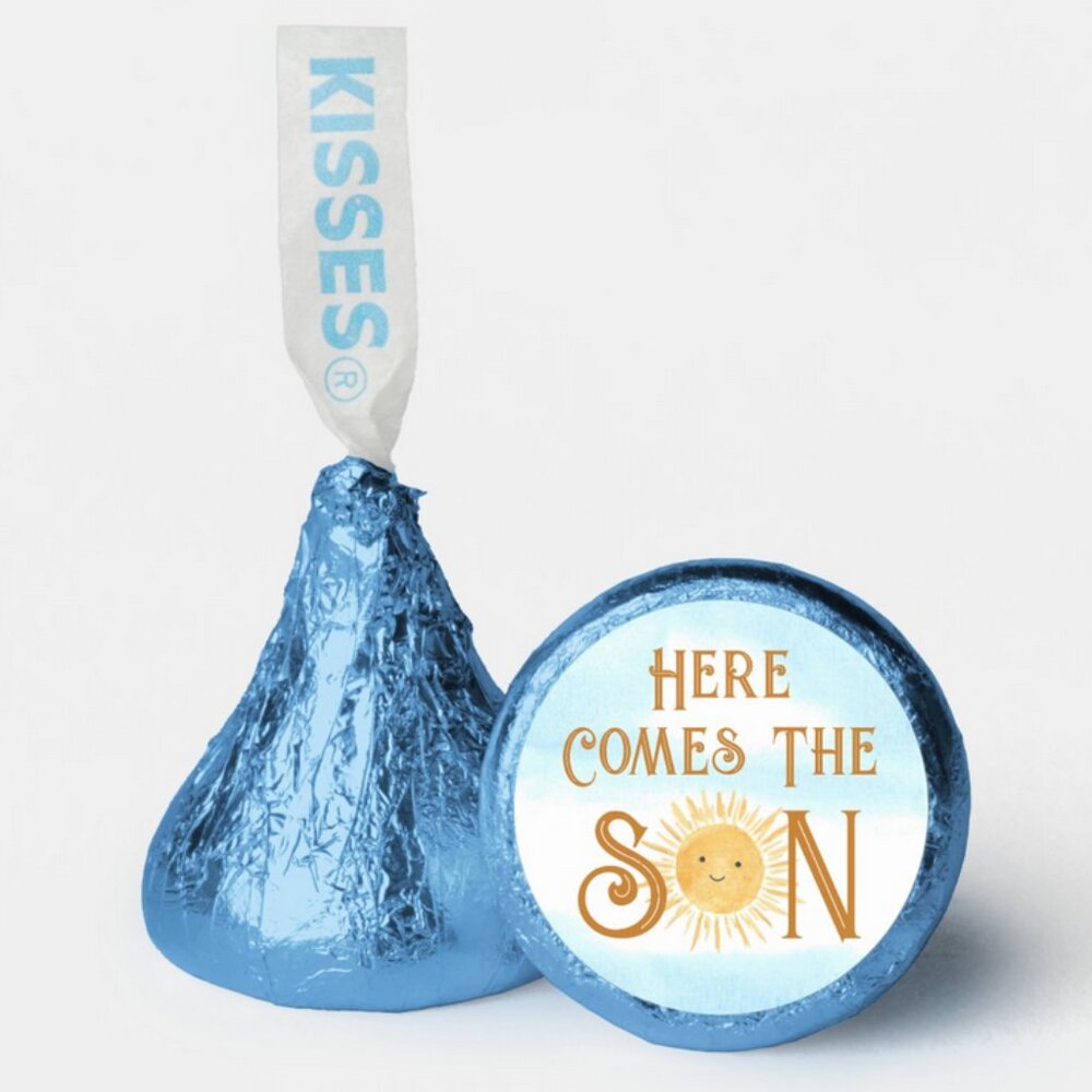 Here Comes the Son Kisses Candy Stickers |100pcs|0.75|Baby Shower Favors|Glossy